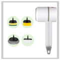 White handheld device with interchangeable nozzles on a white background