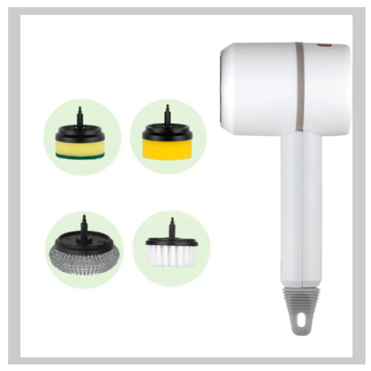 White handheld device with interchangeable nozzles on a white background