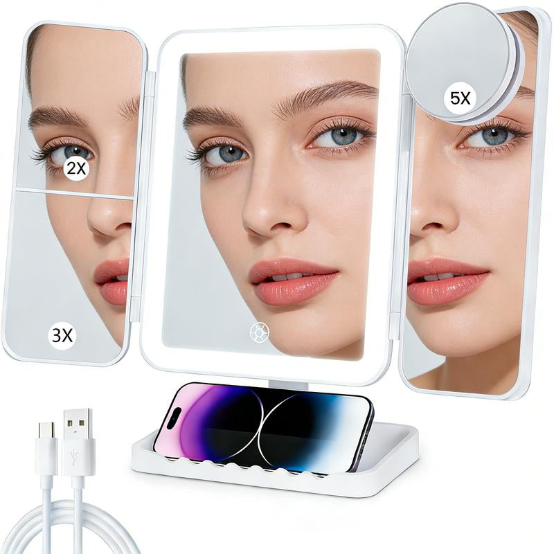 KEIMI Portable LED Light Makeup Mirror, Adjustable Touch Lighting, 2X/3X/5X Magnification Foldable Vanity Mirror