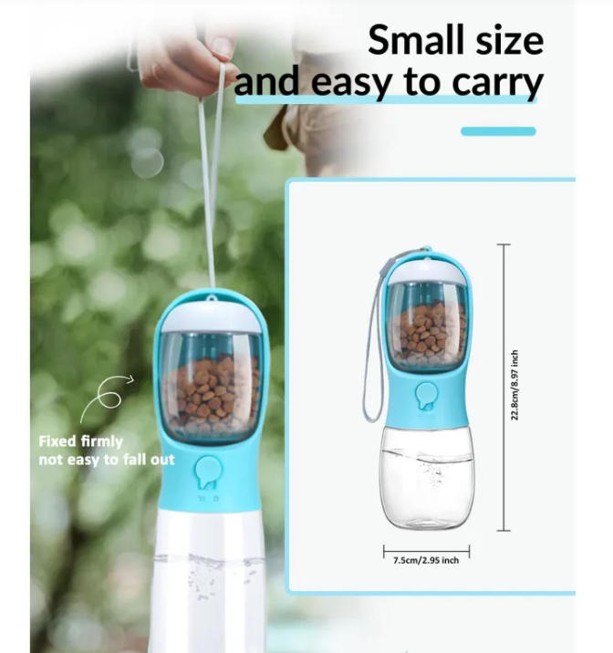 Pet water bottle with food compartment and measurement details on a white background