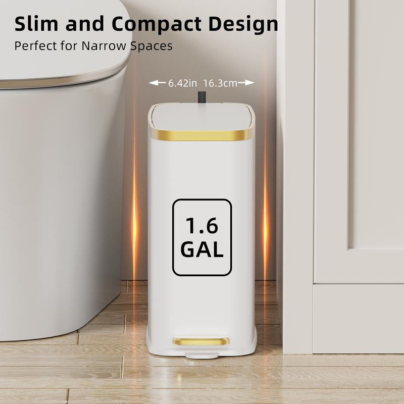 1.6 Gal Slim Bathroom Trash Can with Slow-Closed Lid, Step Pedal, 6L Stainless Steel Garbage Can with Removable Inner Bucket, Built-In Odor Filter, Small Wastebasket for Bathroom, Toilet, Home Office, Bedroom