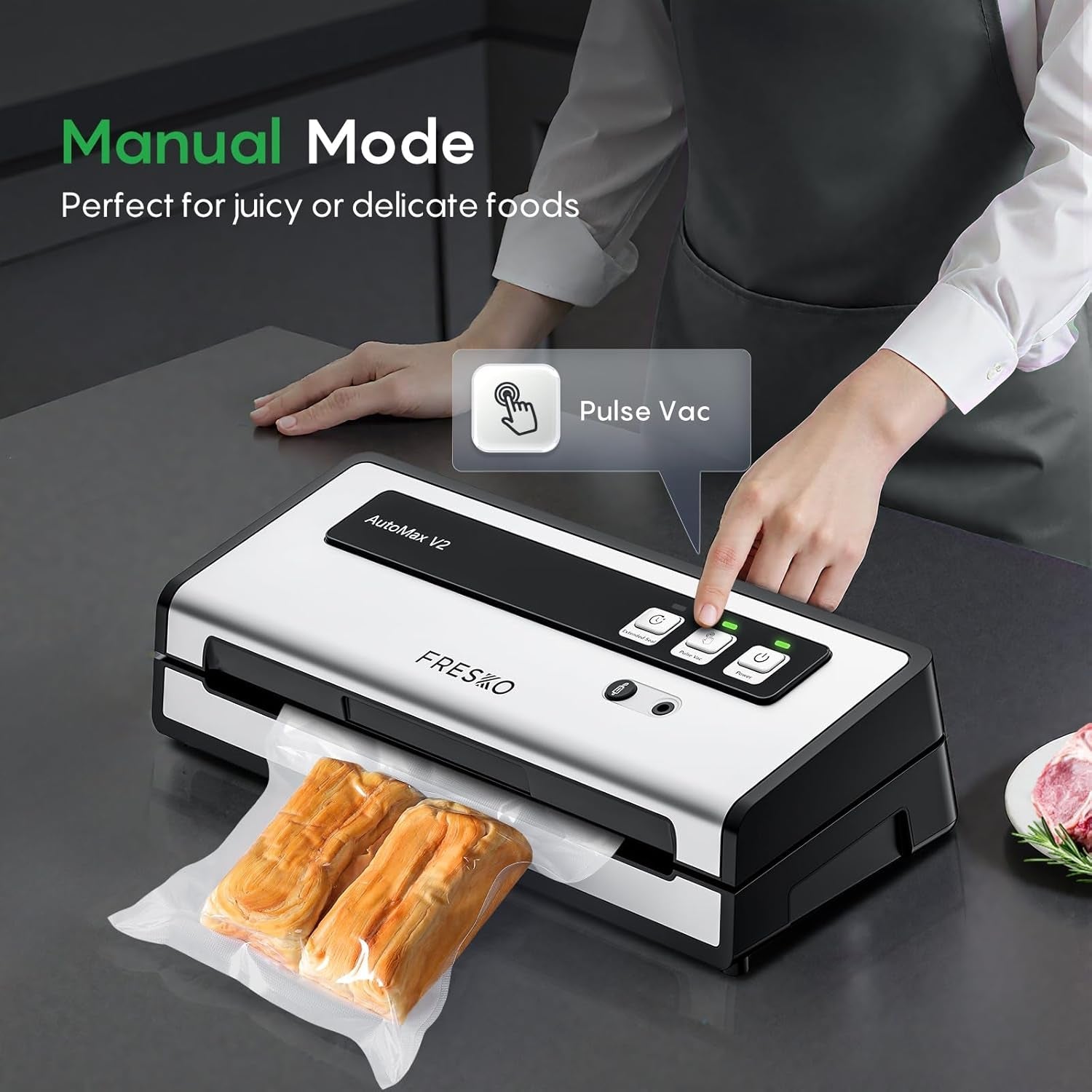 FRESKO Vacuum Sealer Machine with Automatic Bag Detection, 0.2-Inch Widened Heating Strip, Compact Food Sealer, Easy to Use, Starter Kit