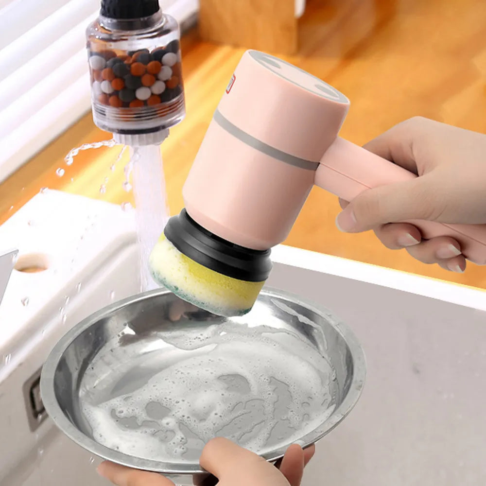 Person using a dishwashing brush with a sponge head to clean a pot under running water.