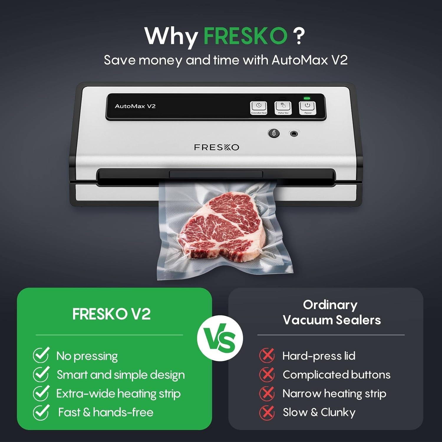 FRESKO Vacuum Sealer Machine with Automatic Bag Detection, 0.2-Inch Widened Heating Strip, Compact Food Sealer, Easy to Use, Starter Kit